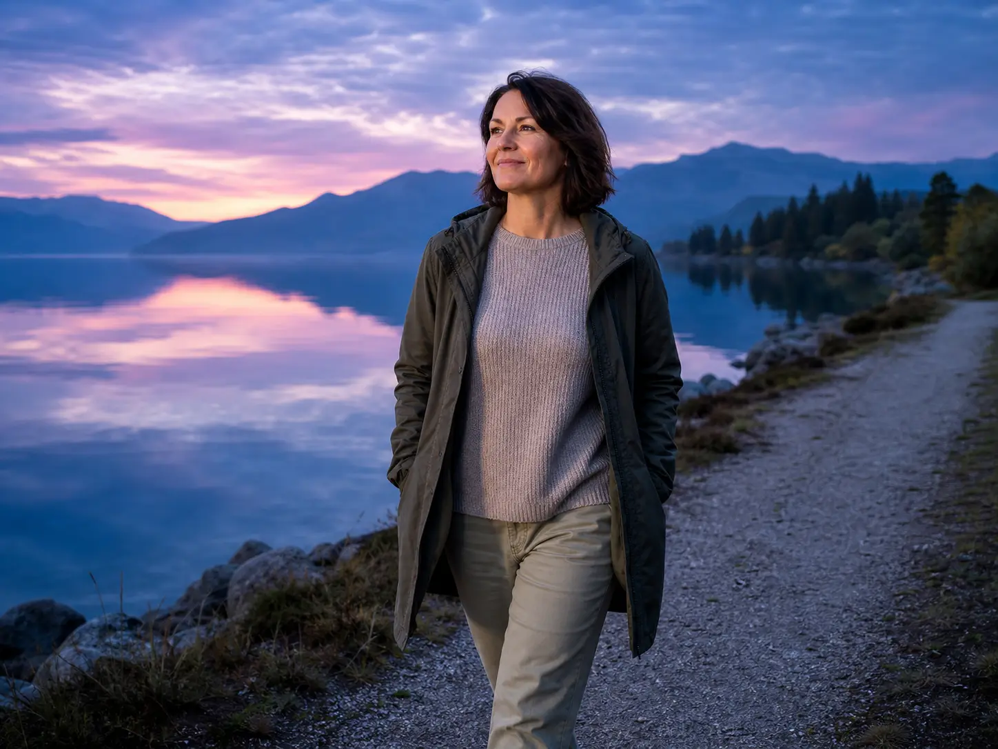 Une femme marche au bord d’un lac, dans un paysage de montagne.