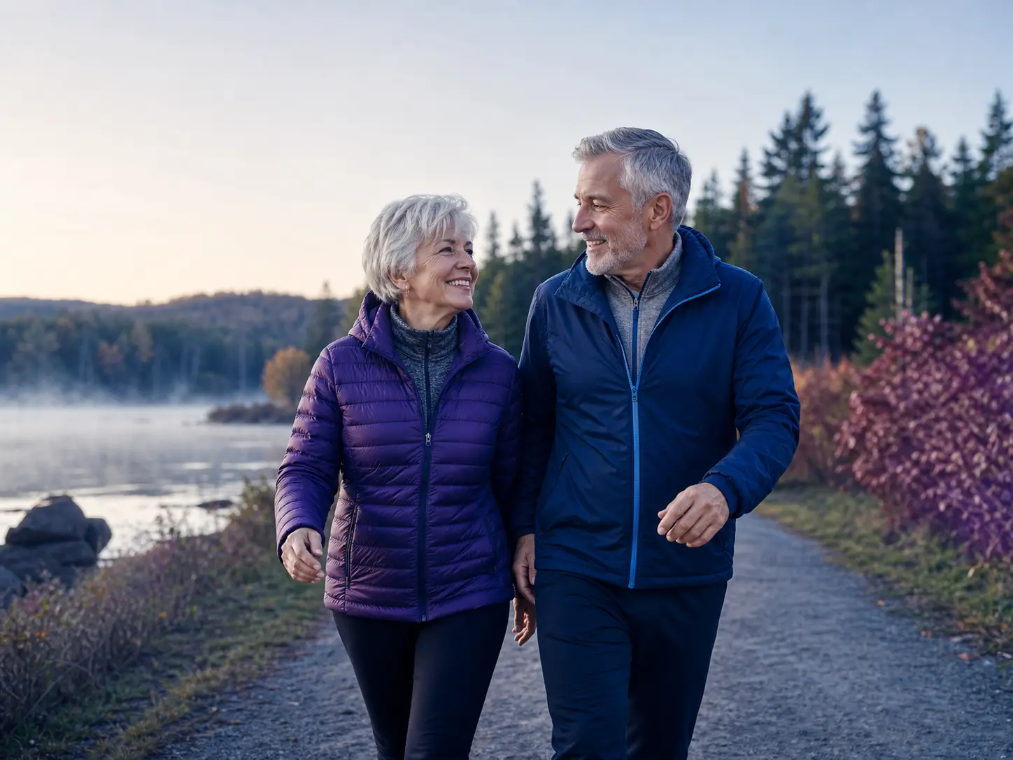 Deux seniors marchent ensemble sur un sentier en forêt.