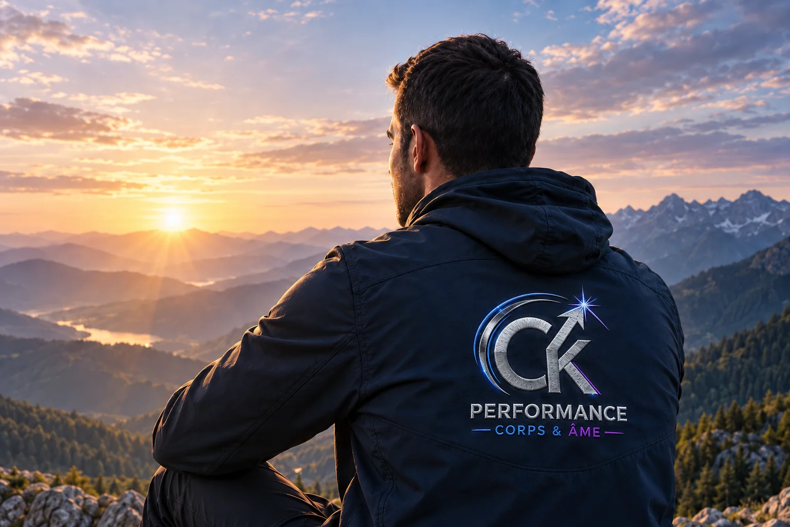Visuel signature CK PERFORMANCE : une personne de dos, logo officiel sur la veste, face à un paysage de montagne.